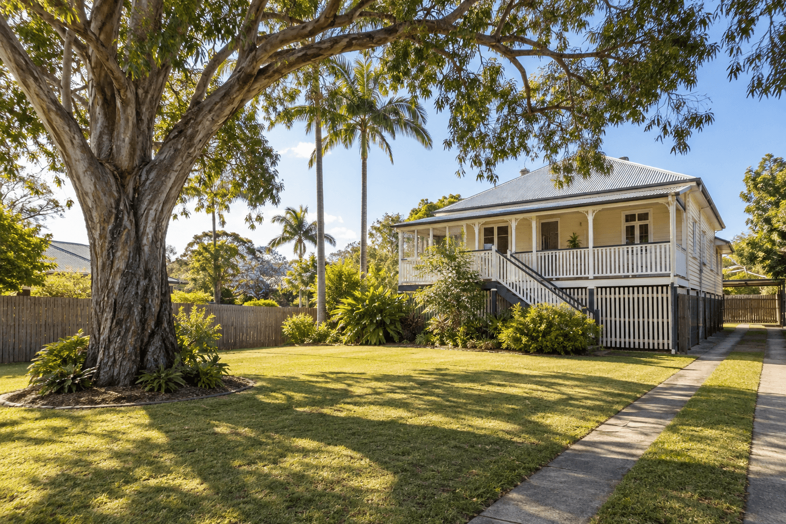 Large garden tree and palms beside an elevated Queensland timber home in bright sunshine